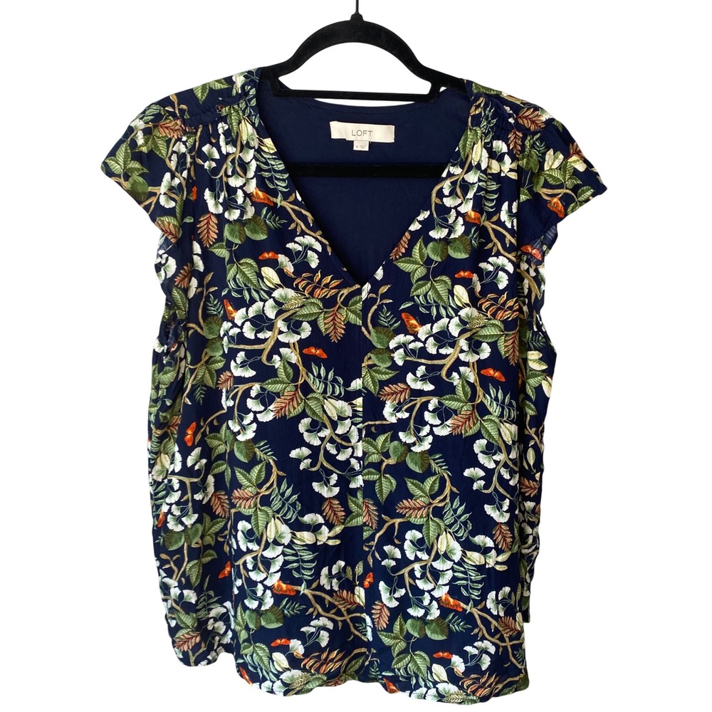LOFT Navy Blue Botanical Butterfly Print Flutter Sleeve V-Neck Blouse Medium‎